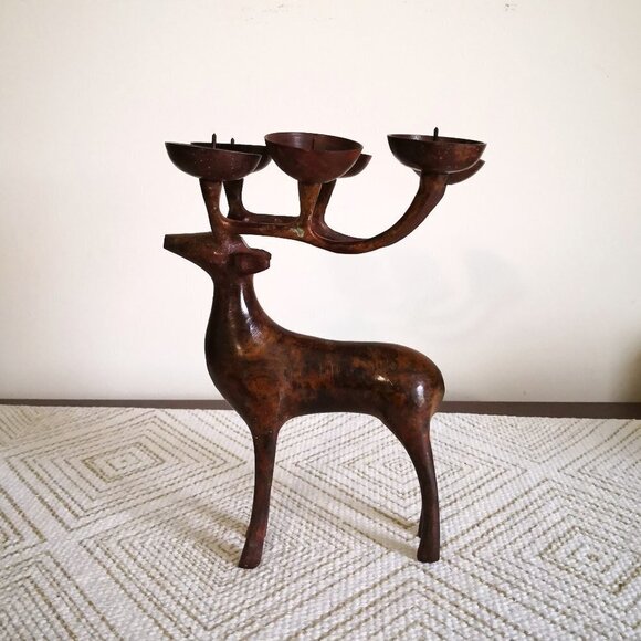 Solid Brass Deer Candle Holder, Hold Six Candles 8" Hx6" Wx3.75" D - Picture 1 of 6